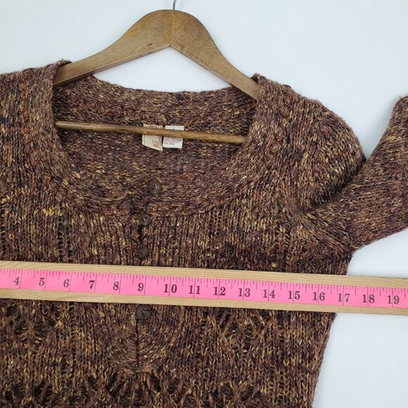 BKE Brown Marled Knit Sweater L 1/4 Button Up Long Sleeve Open Weave Boho - Picture 15 of 16